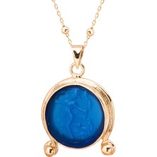 Gümüşcüm Mavi Taşlı Afrodit Baskılı Altın Kaplama Kadın Gümüş Koyle