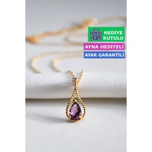 Jewelmim Ametist Mor Renkli Taşlı 18 Ayar Sarı Altın Kaplama Mor Gümüş Damla Kolye 925 Ayar Gümüş Kadın Kolye | Bayan Zirkon Mor Taşlı Su Damlası Altın Kaplama Damla Gold Kadın Gümüş Kolye