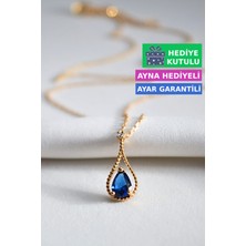 Jewelmim Safir Mavi Renkli Taşlı 18 Ayar Sarı Altın Kaplama Mavi Gümüş Damla Kolye 925 Ayar Gümüş Kadın Kolye | Bayan Zirkon Mavi Taşlı Su Damlası Altın Kaplama Damla Gold Kadın Gümüş Kolye