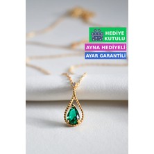 Jewelmim Zümrüt Yeşil Renkli Taşlı 18 Ayar Sarı Altın Kaplama Gümüş Yeşil Damla Kolye 925 Ayar Gümüş Kadın Kolye | Bayan Zirkon Yeşil Taşlı Su Damlası Altın Kaplama Damla Taş Gold Kadın Gümüş Kolye