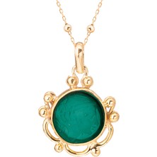 Gümüşcüm Yeşil Taşlı Sezar Cam Baskı Otantik Altın Kaplama Kadın Gümüş Kolye