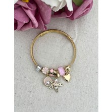 Hediyeci Market 316 L Gold Pembeli Yıldız Sallantılı Çelik Pandora Model Bileklik - HMÇB-0030