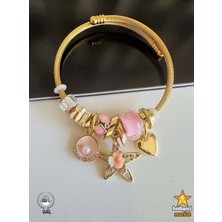 Hediyeci Market 316 L Gold Pembeli Yıldız Sallantılı Çelik Pandora Model Bileklik - HMÇB-0030