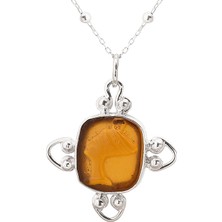 Gümüşcüm Sarı Taşlı Kleopatra Baskılı Otantik Bayan Gümüş Kolye