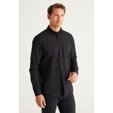 Altınyıldız Classics Erkek Siyah Düğmeli Yaka Kolay Ütülenebilir Pamuklu Slim Fit Dar Kesim Oxford Gömlek