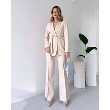 Moda İkra Kadın Kuşaklı Blazer Ceket Bol Paça Pantolon Takım