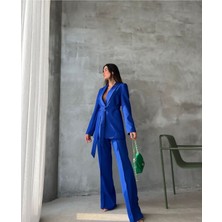 Moda İkra Kadın Kuşaklı Blazer Ceket Bol Paça Pantolon Takım