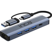 Inca IUTP-5T Usb/type-C Hub X3 USB 3.0 + Type-C+Ethernet RJ45 Çoklayıcı Aluminyum Kasa