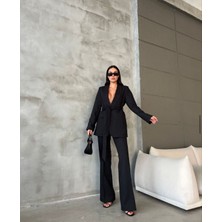 Moda İkra Kadın Kuşaklı Blazer Ceket Bol Paça Pantolon Takım