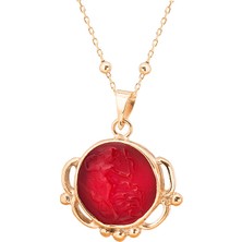 Gümüşcüm Kırmızı Taşlı Afrodit Baskılı Altın Kaplama Kadın Gümüş Koyle