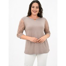 Koza Butik Kadın Büyük Beden Tül Detaylı Aksesuar Yaka Bluz 1864-25