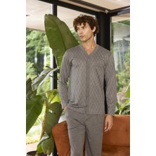 Kly Erkek Uzun Kol V Yaka Önden Düğmeli Antrasit Pijama Takımı C2T5N2O9