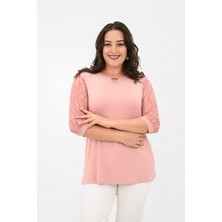 Koza Butik Kadın Büyük Beden Tül Detaylı Aksesuar Yaka Bluz 1864-25