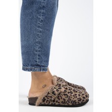 Manijero (Zeta 2 Kürklü Leopar) Kadın Hakiki Deri Kemerli Tokalı Sabo Vizon Terlik