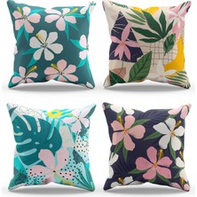 Moud's Çift Tarafı Baskılı Flower Desenli 4'lü Kombin Süet Kırlent Kılıfı