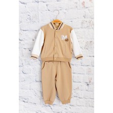 Mininio Unisex Çocuk Nakış Detaylı Eşofman Takımı  - Bej