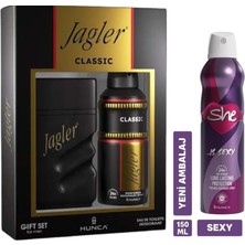 Jagler Erkek Parfüm 90 ml Edt + 150 ml Deodorant + She Sexy Kadın Deodorant (150 Ml)