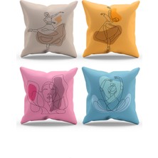 Moud's Çift Tarafı Baskılı Ballet Line Desenli 4'lü Kombin Süet Kırlent Kılıfı