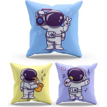 Moud's Çift Tarafı Baskılı Cute Astronaut Desenli 3'lü Kombin Süet Kırlent Kılıfı