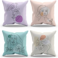 Moud's Çift Tarafı Baskılı One Line Woman Desenli 4'lü Kombin Süet Kırlent Kılıfı