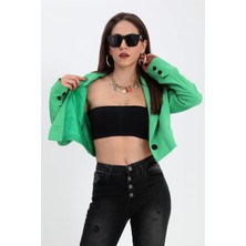 Çift Peto Cepli Kısa Crop Blazer Ceket - Yeşil
