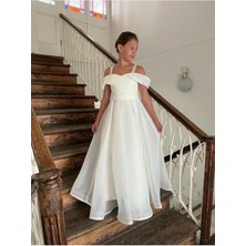 Butik Happy Kids Kız Çocuk Uzun Beyaz Askılı Şifon Omuz Detaylı Abiye Elbise 10-14 Yaş