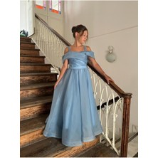 Butik Happy Kids Kız Çocuk Uzun Mavi Askılı Şifon Abiye Elbise 10-14 Yaş