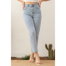 Hlt Jeans Yıpratmalı Mavi Kar Kadın Mom Jean Yüksek Bel Likrasız %100 Pamuk Kot Pantolon ANNA-2075