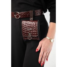 Kadın Suni Deri Kemerli Çanta Kahverengi Kabartma Croco Deri