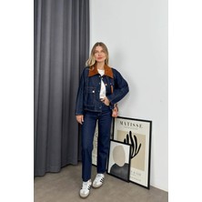 Lacivert Fermuarlı Kadife Yakalı Oversize Kot Ceket