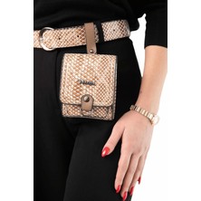 Kadın Suni Deri Kemerli Çanta Krem Yılan Derisi