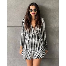 Defy Moda Kadın Uzun Kollu Kruvaze Yaka Kazayağı Mikro Mini Boy Elbise