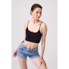 COTTONHILL Siyah Pamuklu İnce Askılı Kadın Crop Top Büstiyer