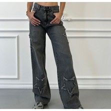 Pass&pass 2424 Kadın Yıldız Detaylı Baggy Jeans Kot Denim Pantolon - Gri