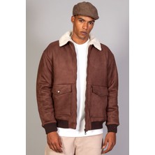 Little Cup Jeans Co Erkek Kahve Yakası Kürklü Içi Kapitoneli Oversize Süet Ceket