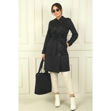 Kadın Önü Düğmeli Beli Kuşaklı Cepli Pardesü