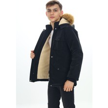 Pantulux Erkek Çocuk Su Itici Ithal Kumaş Içi Kürklü Çıkarılabilir Kapüşonlu Kışlık Uzun Siyah Mont KABAN-MNT-2009-E