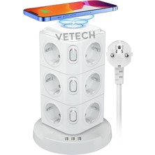 Vetech Akım Korumalı Priz Kablosuz Şarj Istasyonu 12X Priz / 1x USB / 2x Type-C Girişli 1.8mt Kablo