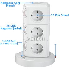 Vetech Akım Korumalı Priz Kablosuz Şarj Istasyonu 12X Priz / 1x USB / 2x Type-C Girişli 1.8mt Kablo