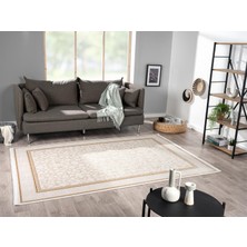 Karmen Halı Elit EL003S Krem Gold Detaylı Çiçek Desenli Kenar Çerçeveli Ince Yumuşak Akrilik Tozuaz Modern Halı