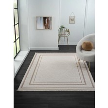 Karmen Halı Truva TV014A Bej Kenar Çerçeveli Göbekli Desen Kalın Akrilik Tozuaz Modern Salon Halısı