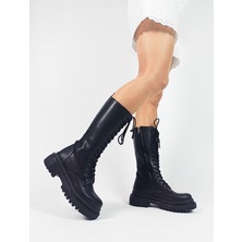 Gdt Ayakkabı Siyah Renk Bağcıklı Fermuarlı Diz Altı Kadın Çizme