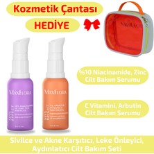 Akne ve Leke Karşıtı Cilt Bakım Seti, Niacinamide Arbutin Serum, Makyaj Çantası Hediyeli