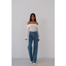 Black Fashion Düğme Detay Pensli Koyu Mavi Jean