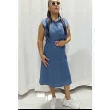 Akşen Giyim Büyük Beden Kadın Ince Kot Denim Kumaş Gömlek Yakalı Boydan Düğmeli Kolsuz Jeans Elbise