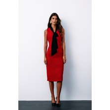 Fularlı Kolsuz Tüvit Elbise - Kırmızı