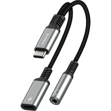 Syrox DT40T-TA 2in1 Type-C - 1xtype-C + 1x3.5mm Aux Ses ve Şarj Ayırıcı Dönüştürücü - Gri