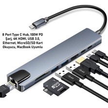 8 Port Type C Hub, 100W Pd Şarj, 4K Hdmı, USB 3.0, Ethernet, Microsd/sd Kart Okuyucu, MacBook Uyumlu