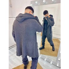 Elku Moda Hırka Kapüşonlu Cepli Naturel Pamuk Lazer Kesim Yırtık Detaylı Örgü Triko Uzun Panço Hırka