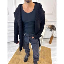 Hırka Kapüşonlu Cepli Naturel Pamuk Lazer Kesim Yırtık Detaylı Örgü Triko Uzun Panço Hırka